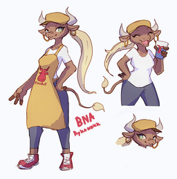 anthro apron clothed clothing female fully_clothed hair kemono long_hair open_mouth open_smile simple_background smile snout solo rykanokk brand_new_animal studio_trigger bovid bovine cattle mammal 2020