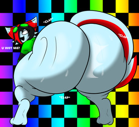 anthro ass_clapping big_butt bodily_fluids bottomless butt butt_focus clothed clothing eyewear eyewear_on_head female goggles goggles_on_head huge_butt looking_at_viewer looking_back looking_back_at_viewer solo sweat sweaty_butt text twerking xionthedog pursuitcore roblox mikaela_(pursuitcore) domestic_cat felid feline felis lolcat_(species) mammal hi_res