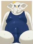 anthro belly blush clothed clothing embarrassed erection erection_under_clothing male moobs one-piece_swimsuit overweight overweight_male proboscis_(anatomy) school_swimsuit solo swimwear trunk trunk_(anatomy) tusks yaki_atsuage tamacolle hizen_(tamacolle) elephant elephantid mammal proboscidean absurd_res hi_res