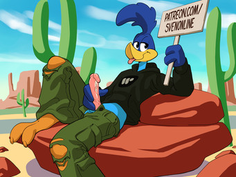 2_toes anthro barefoot beak black_clothing black_hoodie black_topwear blep blue_body blue_feathers bottomwear cactus cargo_pants clothed clothing erection feathers feet genitals green_bottomwear green_clothing green_pants hand_on_own_penis hand_on_penis holding_object holding_sign hoodie logo_on_clothing logo_on_hoodie logo_on_topwear looking_at_viewer male masturbation open_bottomwear open_clothing open_pants outdoor_background outside pants patreon_username penile penile_masturbation penis pink_penis pink_tongue plant plantigrade sign sitting solo text text_on_sign toes tongue tongue_out toony topwear torn_bottomwear torn_clothing torn_pants vein veiny_penis warner_brothers_logo yellow_beak gimmemysmokes looney_tunes warner_brothers road_runner_(looney_tunes) avian bird cuculiform new_world_ground_cuckoo roadrunner 2026 4:3 digital_drawing_(artwork) digital_media_(artwork) english_description english_text hi_res url