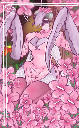 accessory antennae_(anatomy) anthro breasts cleavage_cutout clothed clothing cutout dress female flower flower_in_hair hair hair_accessory happy heart_symbol kneeling lace leggings legwear mandibles mantis_arms multi_arm multi_limb pink_clothing plant simple_background sitting solo ssleepyflowers arthropod insect mantis absurd_res hi_res