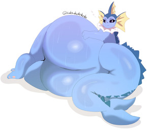 anthro big_butt big_tail black_sclera blue_body bodily_fluids bottom_heavy bubble_butt butt eyelashes female glistening glistening_body huge_butt hyper hyper_butt lying monotone_body on_side paws shadow simple_background smile solo sweat tail thick_tail thick_thighs white_background white_eyes salchikokokoko nintendo pokemon eeveelution generation_1_pokemon pokemon_(species) vaporeon 2025 full-length_portrait hi_res portrait