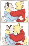 ambiguous_gender anthro blush blush_lines clothed clothing cupping_head duo eye_contact heart_symbol hoodie kiss_on_lips kissing looking_at_another looking_at_partner topwear omekatoys canid canine canis domestic_dog mammal