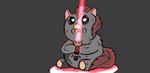 ambiguous_gender brown_hair carniviousduck feral fluffy fluffy_pony fluffy_pony_(species) fluffy_tail front_view fur grey_body grey_fur hair holding_object holding_weapon imminent_pain lightsaber mammal melee_weapon open_mouth red_lightsaber simple_background solo star_wars tail weapon