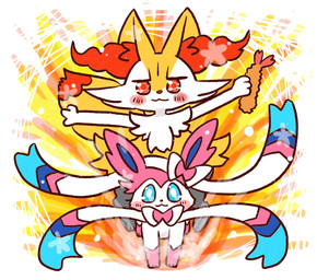 :3 ambiguous_anthro ambiguous_feral ambiguous_gender anthro biped blush digitigrade duo feral food front_view holding_food holding_object looking_at_viewer quadruped riding shrimp_(food) sitting standing annyui0611 nintendo pokemon braixen canid eeveelution generation_6_pokemon mammal pokemon_(species) sylveon 2022 digital_drawing_(artwork) digital_media_(artwork) full-length_portrait hi_res japanese_description portrait translated_description