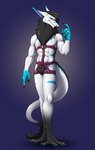 chest_tuft digitigrade feet hair harness looking_at_viewer male muscular neck_tuft prehensile_feet pubes solo standing tail tail_tuft toes tuft the-crowfox king_chulapa sergal absurd_res hi_res