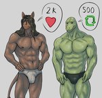 anthro black_briefs black_clothing black_underwear briefs briefs_only brown_body brown_fur brown_hair bulge clothed clothing detailed_bulge duo fur genital_outline green_body green_skin hair hands_on_hips heart_symbol long_hair male muscular muscular_male navel nipples number penis_outline retweet smile text tighty_whities topless underwear underwear_only white_briefs white_clothing white_underwear ffog beastars gosha_(beastars) yafya_(beastars) equid equine horse mammal hi_res