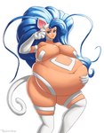 2018 absurd_res animal_humanoid belly big_belly big_breasts big_hair biped blue_hair breasts capcom cat_humanoid claws darkstalkers featureless_breasts felicia_(darkstalkers) felid felid_humanoid feline feline_humanoid female hair hi_res holding_belly huge_belly humanoid long_hair looking_at_viewer mammal mammal_humanoid navel overweight overweight_female overweight_humanoid portrait signature simple_background solo standing tail thick_thighs thickerwasp three-quarter_portrait white_background