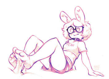 ambiguous_gender anthro clothing collar disembodied_penis eyewear feet foot_fetish foot_play footjob freckles genitals glasses heart_(marking) markings penis sex shirt simple_background smile solo topwear bestfriendforever besty_(character) lagomorph leporid mammal rabbit 2026 hi_res nonbinary_(lore)