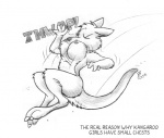 anthro big_breasts biped breasts eyes_closed female fur humor jumping motion_lines nipples nude solo sound_effects tail text thwap uhoh flinters kangaroo macropod mammal marsupial 2008 black_and_white english_text monochrome sketch traditional_media_(artwork)