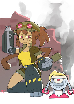 accessory anthro arm_cannon belt bottomwear breasts brown_body brown_hair clothing duo explosives eyebrows eyelashes eyewear female goggles grenade hair hat headband headgear headwear kneeling machine magenta_eyes male shirt shorts topwear weapon weapon_arm whiskers yellow_sclera corviwing gameoverse glitch_productions metal_slug fio_germi kaboodle_(gameoverse) kit_bodega marco_rossi domestic_cat felid feline felis mammal robot 2026 absurd_res hi_res