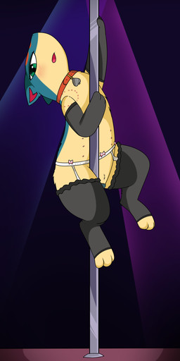 animal_genitalia animal_vulva armwear bite_mark blush canine_genitalia canine_vulva clothed clothing collar dancing elbow_gloves female feral footwear fur genitals gloves green_eyes handwear legwear looking_at_viewer multicolored_body nipples nude open_mouth pole pole_dancing simple_background solo stockings stripper stripper_pole toeless_footwear vulva e-01 nintendo pokemon tait_(cafe_plaisir) generation_2_pokemon mammal pokemon_(species) quilava absurd_res digital_media_(artwork) hi_res
