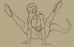 abs anthro biceps bottomwear clothing crop_top female fingers hair legs_up long_hair long_tail midriff muscular muscular_anthro muscular_female shirt shorts snout solo stretching tail topwear koopacoon cavemanon_studios i_wani_hug_that_gator miquella_ashtail dinosaur prehistoric_species reptile scalie 2024 hi_res monochrome sketch