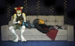 4_toes 5_fingers anthro barefoot black_nose detailed_background digitigrade duo eyes_closed feet female fingers fur hair lying male on_side pawpads red_hair sitting smile toes yellow_body yellow_fur viga canid canine felid fox mammal prehistoric_species saber-toothed_tiger 2018 digital_media_(artwork)