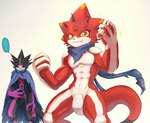 abs anthro black_body cape claws clothing codpiece duo ellipsis evolutionary_family horn male pecs red_body scarf yellow_eyes kubota_keita bandai_namco digimon digimon_ghost_game betelgammamon digimon_(species) gulusgammamon scalie hi_res