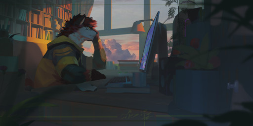 anthro bookshelf clothed clothing computer_keyboard electronics fur furniture grey_clothing grey_topwear hair inside male monitor mouth_closed plant plant_pot potted_plant red_body red_fur red_hair sitting solo topwear white_body white_clothing white_fur white_topwear yellow_eyes awaldkize canid mammal absurd_res hi_res