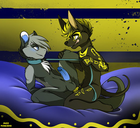 anal anal_penetration animal_genitalia animal_penis anthro anthro_on_anthro balls blue_penis canine_genitalia canine_penis chest_tuft collar dominant dominant_male duo egyptian erection eye_contact fur genitals holding_leash holding_object humanoid_genitalia humanoid_penis knot leash leash_pull licking licking_lips looking_at_another lying male male/male male_penetrated male_penetrating male_penetrating_male nude on_back penetration penis raised_leg sa'ket self_lick sex spread_legs spreading submissive submissive_male tattoo tongue tongue_out tuft yellow_penis muzz diesel_(muzz) anubian_jackal canid canine canis hybrid jackal mammal 2013
