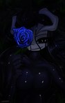 ambiguous_gender anthro black_hair blue_rose clothing flower glistening glistening_latex grass hair holding_object horn latex latex_clothing latex_skinsuit long_hair moon night pale_skin plant rose_(flower) skinsuit smile smiling_at_viewer tight_clothing creambeam nemogoraath_nyraleth bovid caprine fish goat hybrid mammal marine shark absurd_res hi_res