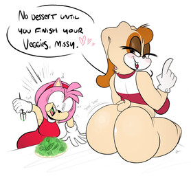 anthro big_butt bottomless bubble_butt butt clothed clothing cutlery dialogue dress duo eating female food fork gloves handwear kitchen_utensils looking_back mature_anthro mature_female partial_nudity plant red_clothing red_dress shirt simple_background sitting text tools topwear vegetable white_background wide_eyed ota_(artist) sega sonic_the_hedgehog_(series) amy_rose vanilla_the_rabbit eulipotyphlan hedgehog lagomorph leporid mammal rabbit english_text hi_res