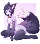 anthro areola bell bell_collar braided_hair breasts collar female fur hair inner_ear_fluff looking_at_viewer nipples nude purple_areola purple_body purple_nipples red_collar simple_background solo tail tuft siwiko canid canine fox mammal hi_res