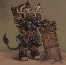 anthro antlers areola armor big_areola big_breasts black_body black_fur bottomwear breasts clothing curvy_figure female fur headdress hooves horn loincloth markings muscular muscular_anthro muscular_female nipples puffy_areola puffy_nipples sagging_breasts solo tail tail_tuft thick_thighs totem tuft unguligrade voluptuous voluptuous_female wide_hips armpitcore420 blizzard_entertainment warcraft bovid bovine highmountain_tauren mammal tauren hi_res