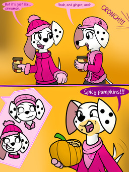 anthro black_nose black_spots clothing coat container cup dialogue female feral food fruit fur gloves group handwear hat headgear headwear holding_container holding_cup holding_food holding_fruit holding_object holding_pumpkin jacket markings mole_(marking) pink_beret pink_clothing pink_coat pink_gloves pink_handwear pink_hat pink_headwear pink_jacket pink_scarf pink_topwear pink_winter_hat plant pumpkin scarf spots text topwear trio white_body white_fur winter_coat winter_hat winter_jacket dazed-and-wandering 101_dalmatian_street 101_dalmatians disney dallas_(101_dalmatians) deja_vu_(101_dalmatians) destiny_(101_dalmatians) triple_d_(101_dalmatians) canid canine canis dalmatian domestic_dog mammal 3:4 absurd_res comic english_text hi_res
