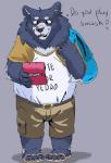 5_toes anthro barefoot bottomwear clothing eyewear feet flip_flops footwear glasses male overweight overweight_anthro overweight_male sandals shirt shoes shorts simple_background slightly_chubby soles solo text toes topwear spazz_bear bear mammal 2018 english_text