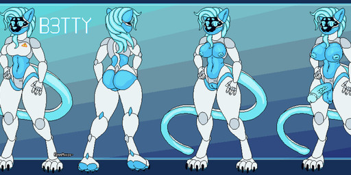 anthro balls big_balls big_breasts big_butt big_penis blue_body blue_eyes breasts butt cybernetics female genitals gynomorph intersex machine pawpads paws penis solo standing tail thick_thighs transformation white_body rennmoose b3tty_(rennmoose) android cyborg robot robot_anthro absurd_res digital_media_(artwork) hi_res model_sheet pixel_(artwork)
