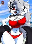 anthro beach big_breasts bikini biped breasts choker claws clothed clothed_anthro clothed_female clothing cloud day female finger_claws fingers fur grey_body grey_fur grey_hair hair hair_over_eye hand_behind_head hand_on_hip humanoid_hands jewelry logo long_hair looking_at_viewer necklace one_eye_obstructed open_mouth open_smile outline outside pose red_bikini red_clothing red_sclera red_swimwear small_waist smile solo standing swimwear tail text thick_thighs two-piece_swimsuit water white_body white_eyes white_fur white_outline wide_hips vash_art helluva_boss mythology loona_(helluva_boss) canid canid_demon canine demon hellhound mammal mythological_canine mythological_creature 2023 3:4 absurd_res artist_logo artist_name colored hi_res pinup portrait three-quarter_portrait