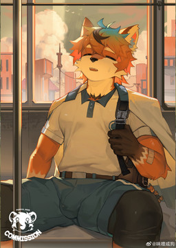 anthro backpack biped black_body black_fur blue_hair bodily_fluids bottomwear building city city_background clothed clothed_anthro clothed_male clothing cloud detailed_background exhausted eyes_closed fur genital_fluids hair male male_anthro modern_architecture multicolored_body multicolored_fur muscular muscular_male orange_body orange_fur pecs power_lines precum precum_through_clothing public_transportation shirt shorts sky sleeping solo teeth topwear urban utility_pole wet wet_clothing white_body white_fur xxxiangout ambient_bird canid canine mammal 2025 absurd_res hi_res portrait three-quarter_portrait
