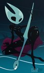 black_body breasts cloak clothing clothing_on_floor crossed_legs featureless_breasts female genitals glistening glistening_body innie_pussy non-mammal_breasts nude presenting pussy red_clothing sitting small_breasts solo weapon ickleseed hollow_knight team_cherry hornet_(hollow_knight) arthropod humanoid hi_res