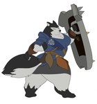 anthro armor big_breasts bottomwear bracers breasts clothed clothing female fur grey_body grey_fur shield solo thick_thighs topwear xxsparcoxx armello league_of_geeks magna_(armello) canid canine canis mammal wolf 2018 digital_media_(artwork) flat_colors hi_res