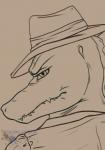 angry anthro clothed clothing fedora frown glare hat headgear headwear looking_at_viewer male scowl simple_background solo philfox cregon alligator alligatorid crocodile crocodilian reptile scalie bust_portrait portrait