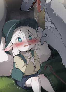 age_difference anthro biped blush bodily_fluids clothing duo eyebrows female female_anthro fingers fur grass green_eyes grey_body grey_fur hair male male_anthro nude older_female open_mouth plant saliva sitting teeth tongue white_body white_fur younger_male dagasi aesop's_fables the_boy_who_cried_wolf bovid canid canine canis caprine mammal sheep wolf 2025 hi_res japanese_description