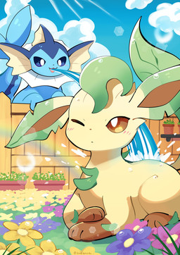 ambiguous_feral ambiguous_gender blue_body blue_eyes blush brown_body brown_eyes brown_fur cloud day digitigrade duo fence feral fin flower frill_(anatomy) fur garden leg_markings markings outside paws plant quadruped sky socks_(marking) tail tan_body tan_fur water komanyachi nintendo pokemon eeveelution generation_1_pokemon generation_4_pokemon leafeon pokemon_(species) vaporeon 2026 absurd_res digital_media_(artwork) hi_res