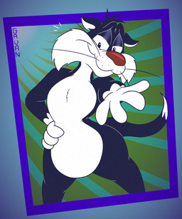4_fingers abstract_background anthro bedroom_eyes belly biped black_body black_eyes black_fur cheek_tuft chest_tuft curvy_figure dipstick_tail ears_outwards facial_tuft fingers fur glance grin grinning_at_viewer half-closed_eyes hand_on_hip hand_on_own_hip head_tuft holding_out_hand humanoid_hands leg_markings lines_drawn looking_at_viewer male markings narrowed_eyes nude pattern_background pecs pivoted_ears pose raised_tail red_nose seductive simple_background slightly_chubby slightly_chubby_anthro slightly_chubby_male small_waist smile smiling_at_viewer smirk smirking_at_viewer smug smug_expression smug_eyes smug_face smug_grin socks_(marking) solo standing striped_background tail tail_markings toony tuft whisker_spots whiskers white_belly white_body white_chest white_fur white_hands white_sclera white_tail_tip wide_hipped_anthro wide_hipped_male wide_hips gavanzude looney_tunes warner_brothers sylvester_(looney_tunes) domestic_cat felid feline felis mammal tuxedo_cat 2026 alternate_version_at_paywall colored digital_drawing_(artwork) digital_media_(artwork) flat_colors hi_res pinup signature