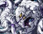 5_fingers ambiguous_gender blood bodily_fluids claws duo feral fight fingers fur multi_tail muscular red_eyes simple_background snout tail teeth white_background white_body white_fur ushio_and_tora hakumen_no_mono canid canine demon fox furred_monster mammal monster hi_res