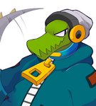 3_toes 4_fingers anthro ball beanie claws clothing collar cybernetics electronics feet fingers hat headgear headphones headwear hoodie long_tail machine male metal_tail prosthetic solo tail toes topwear zipper feve lethal_league latch crocodile crocodilian reptile scalie hi_res