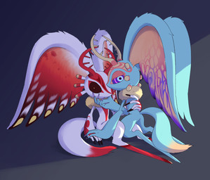 ambiguous_gender anthro antlers biped black_fingernails black_nails black_sclera chest_tuft colored_nails countershade_torso countershading digitigrade dipstick_tail duo fingernails fluffy fluffy_tail fur grey_background hand_around_waist hand_on_chin hand_on_ground head_wings horn huge_wings intimate kneeling leaning leaning_forward looking_at_viewer looking_back looking_back_at_viewer markings mouthless multicolored_body multicolored_eyes multicolored_fur nails neck_tuft orange_body orange_fur pink_eyes pupils purple_fingernails purple_nails purple_sclera red_body red_fur simple_background sitting tail tail_markings tan_body tan_fur teal_body teal_eyes teal_fur three-quarter_view tuft unusual_wing_placement white_body white_fur white_pupils wings amateru_kai kirby_(series) nintendo chaos_elfilis fecto_elfilis alien chinchilla chinchillid mammal rodent starling_(kirby) 2022 digital_drawing_(artwork) digital_media_(artwork) full-length_portrait hi_res japanese_description portrait