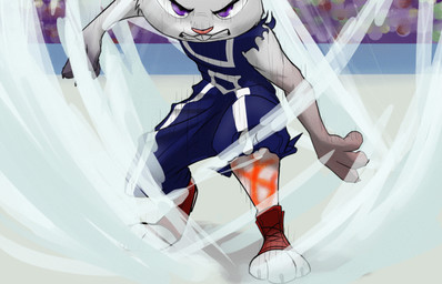 anthro audience clenched_teeth clothing coliseum digitigrade female footwear group purple_eyes solo_focus stage teeth torn_clothing u.a._gym_uniform wind wind_lines wounded w4g4 disney my_hero_academia zootopia izuku_midoriya judy_hopps lagomorph leporid mammal rabbit animated