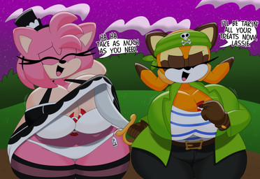 accessory alternative_fashion anthro belt belt_buckle big_breasts black_nose bottomwear bouncing_breasts bra breast_jiggle breasts brown_body brown_fur buckle bulging_breasts candy candy_between_breasts cleavage cleavage_overflow clothed clothing clothing_lift cloud costume curvy_figure dessert detailed_background dialogue dress dress_lift duo eyelashes eyes_closed female fingers food fur gloves goth hair hair_accessory hairband halloween_costume handwear hat headband headgear headwear holidays huge_breasts jiggling legwear motion_lines multicolored_body multicolored_clothing multicolored_dress multicolored_fur night orange_body orange_fur outside panties pants pattern_clothing pattern_shirt pattern_topwear pink_body pink_fur pink_hair pirate_costume plant price_tag shirt short_hair shrub skull_and_crossbones sky small_waist speech_bubble star starry_sky stockings striped_clothing striped_shirt striped_topwear stripes tan_body tan_fur text thick_thighs tongue top_hat topwear toy_sword two_tone_body two_tone_fur underwear voluptuous voluptuous_anthro voluptuous_female white_bra white_clothing white_panties white_underwear wide_hipped_anthro wide_hipped_female wide_hips 3barts halloween sega sonic_the_hedgehog_(series) amy_rose marine_the_raccoon eulipotyphlan hedgehog mammal procyonid raccoon 2025 absurd_res digital_drawing_(artwork) digital_media_(artwork) english_text hi_res
