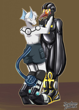 anthro armor black_boots black_cargo_shorts black_clothing black_footwear black_markings black_spandex boots bottomwear cargo_shorts clothing cybernetic_limb cybernetic_tail duo footwear fur grey_body grey_fur headgear helmet hypnosis hypnotic_visor male male/male markings mind_control rocket_boots shoes shorts silver_pawpads zeydaan_(artist) regdeh zalno avian bird bucerotiform hoopoe hi_res