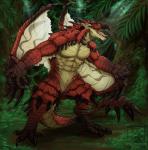 abs anthro claws detailed_background featureless_crotch forest glowing glowing_eyes mace_tail male muscular muscular_anthro muscular_male nude open_mouth pecs plant red_body red_scales roaring scales solo spines standing tail tongue tree weapon_tail wings yellow_eyes cultmastersleet capcom european_mythology monster_hunter mythology dragon flying_wyvern mythological_creature mythological_scalie rath_wyvern rathalos scalie western_dragon wyvern hi_res