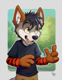 anthro black_clothing black_hair black_shirt black_t-shirt black_topwear bottomwear brown_body brown_bottomwear brown_clothing brown_fur brown_pants clothed clothing fangs front_view fur glistening glistening_eyes green_eyes grey_body grey_fur hair logo male open_mouth open_smile outside pants pattern_clothing pattern_topwear red_tongue shirt short_hair smile solo standing striped_clothing striped_topwear stripes t-shirt teeth tongue topwear white_body white_fur young young_anthro young_male pandapaco canid canine mammal artist_logo half-length_portrait hi_res portrait signature