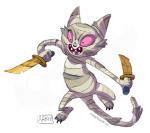 anthro bandage clothing dagger dual_wielding fangs female fur grey_body grey_fur holding_object holding_weapon knife melee_weapon open_mouth simple_background solo teeth weapon white_background wrappings weremagnus adventure_time cartoon_network me-mow domestic_cat felid feline felis mammal mummy undead digital_media_(artwork)