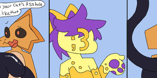3_panel_comic ;3 anthro dialogue feral hair humor joke orange_body purple_hair question small_face text yellow_body theenyface little_kitty_big_city butters_(theenyface) little_kitty_(lkbc) domestic_cat felid feline felis kobold mammal scalie 3:1