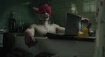 5_fingers alcohol anthro bathroom bathtub beverage clothing computer curtains electronics fingers glass hair hat headgear headwear inside laptop male neckfluff reflection rubber_duck solo tile wine geewolf glass_onion:_a_knives_out_mystery domestic_cat felid feline felis mammal 2024 digital_media_(artwork) hi_res signature