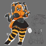 1:1 antennae_(anatomy) anthro arm_tuft arthropod bee big_breasts breast_squish breasts chest_tuft clothing dialogue digital_media_(artwork) elbow_tuft female fluffy footwear fur hair hi_res humanoid hymenopteran insect inviting legwear looking_at_viewer mandibles multi_arm multi_limb neck_tuft red_breadd simple_background smile socks solo squish tail text thick_thighs thigh_highs thigh_socks tuft wheeze