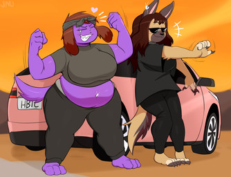 anthro barefoot biped bottomwear breasts brown_hair car closed_smile clothed clothed_anthro clothed_female clothing duo emanata eyewear feet female fur grin hair heart_symbol motion_lines mouth_closed navel_jewelry overweight overweight_anthro overweight_female pants purple_body purple_fur sharp_teeth shirt smile sunglasses t-shirt teeth text topwear vehicle wearing_sunglasses jinu cynthia_(xtremersadiq) hypebae_(jinu) canid canine canis domestic_dog german_shepherd herding_dog mammal pastoral_dog 2021 absurd_res artist_name digital_drawing_(artwork) digital_media_(artwork) english_description full-length_portrait hi_res portrait