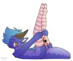 anthro big_tail black_horn blue_body blue_fur blue_hair bodily_fluids bottomwear clothing cum egg_vibrator femboy footwear fur genital_fluids hair horn legs_up legwear legwear_only male masturbation orange_eyes pattern_bottomwear pattern_clothing penis_tuck sex_toy simple_background smile socks solo striped_bottomwear striped_clothing stripes tail thigh_highs thigh_socks vibrator white_background kyaro zertyz_(character)